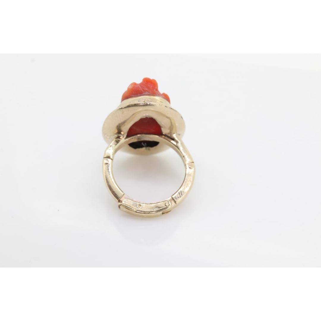 Women's Carved Coral cameo bezel ring. 14k Gold Arthritic Knuckle Fit ring. Finger Fit For Sale