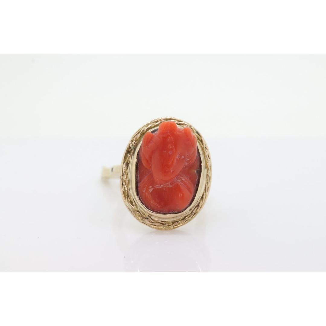 Carved Coral cameo bezel ring. 14k Gold Arthritic Knuckle Fit ring. Finger Fit For Sale 3