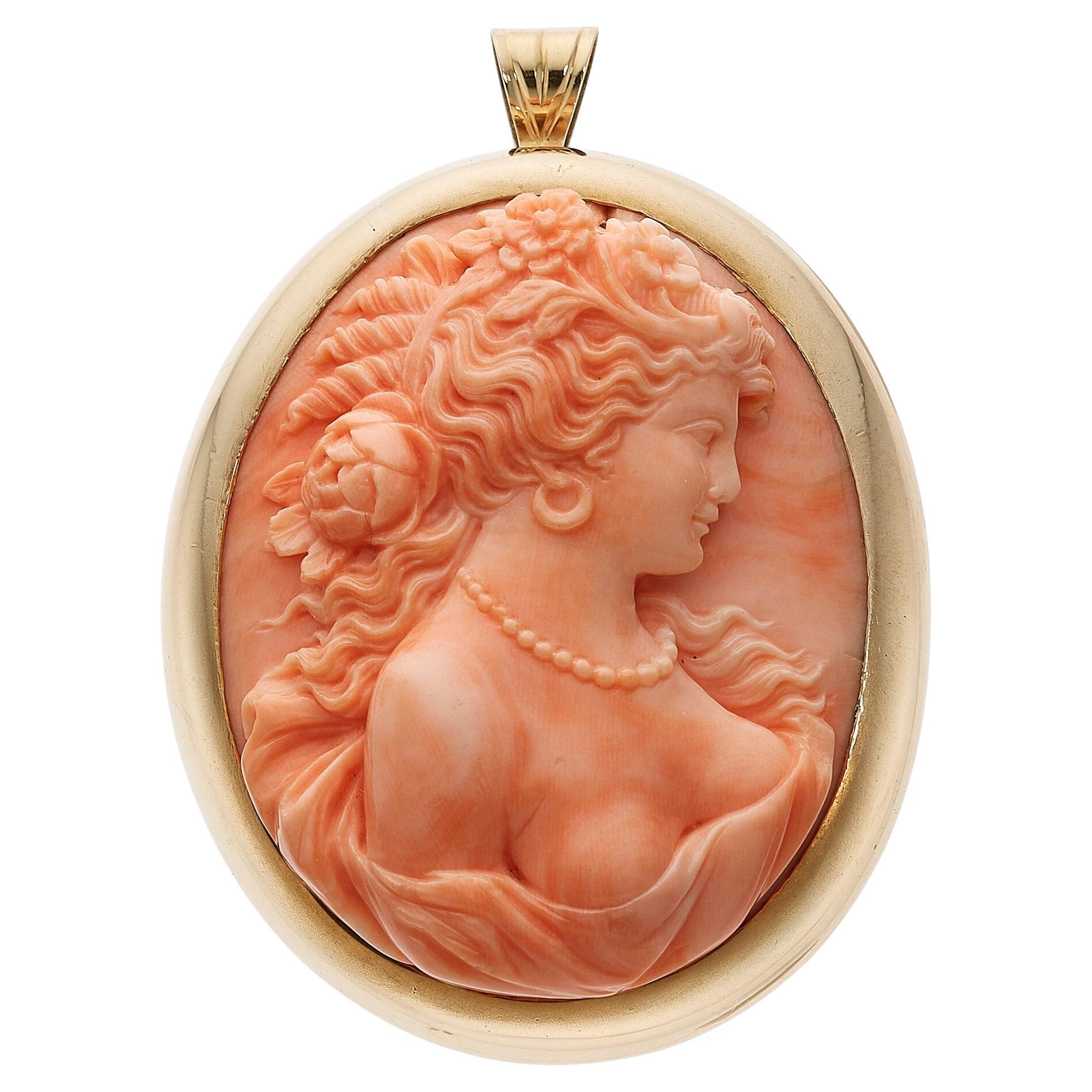 Carved Coral Cameo Pendant set in 10k Gold 2-3/16" x 1-5/8" 38.9g