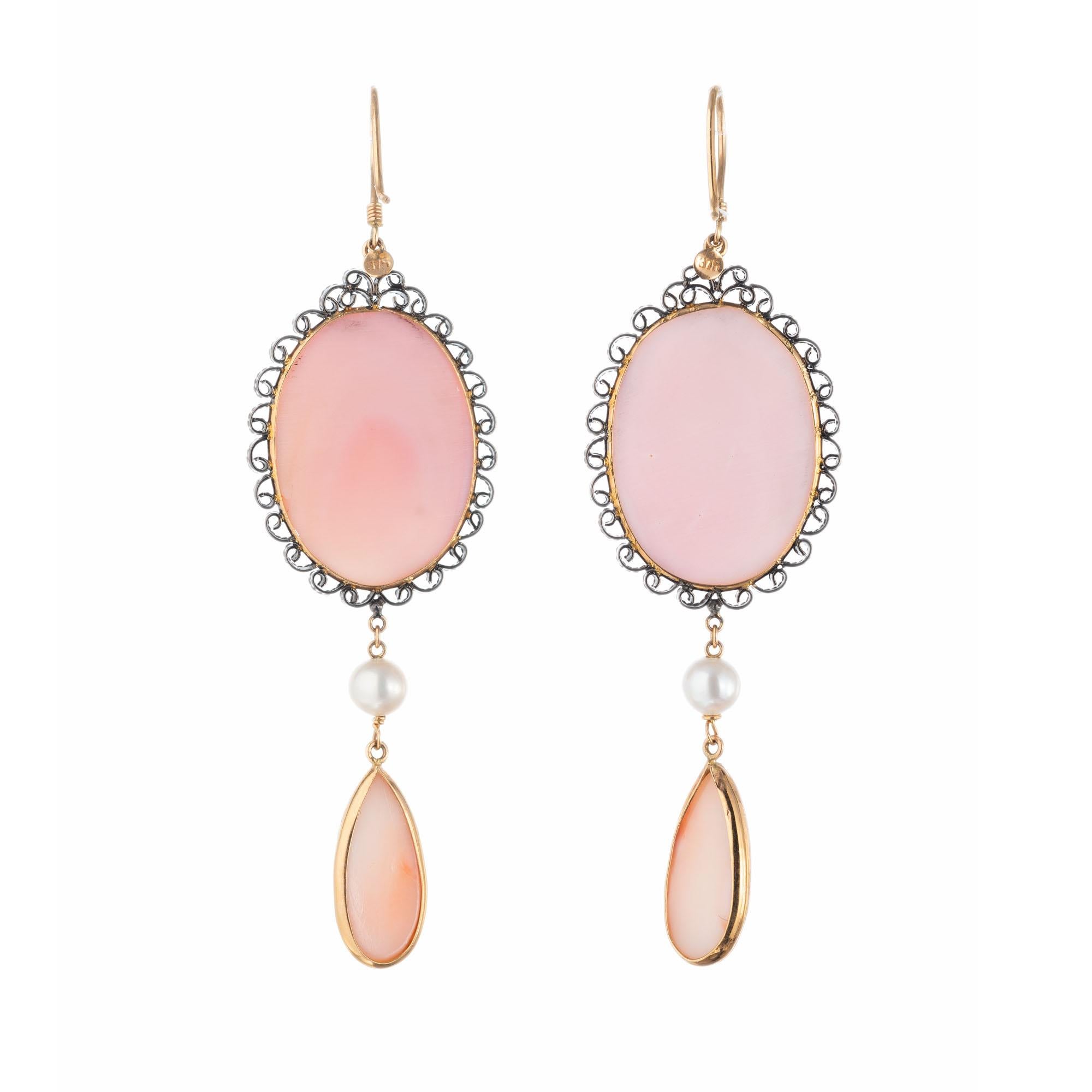 Cabochon Carved Coral Cultured Pearl Yellow Gold Silver Dangle Drop Earrings