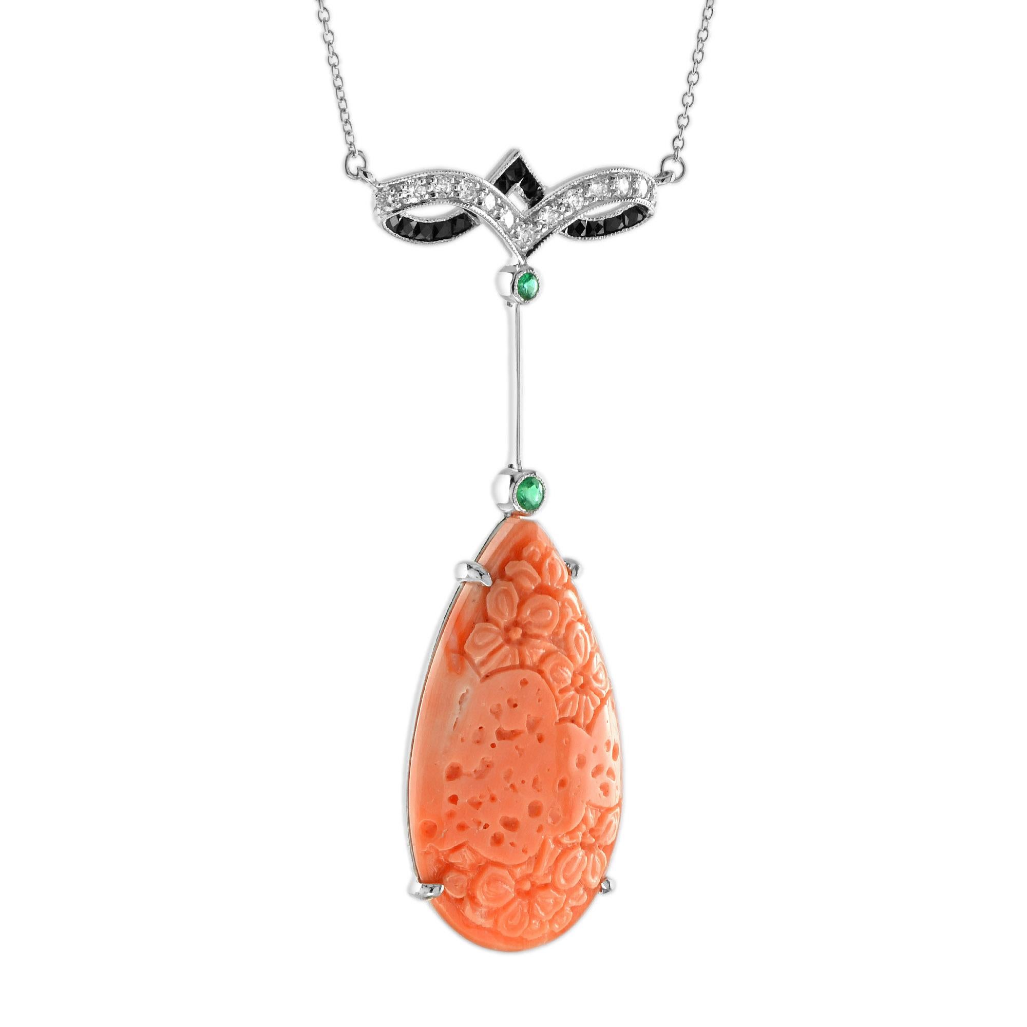 Collar de Coral Tallado Diamante y Esmeralda Estilo Art Decó en Oro Blanco de 14 K Corte pera