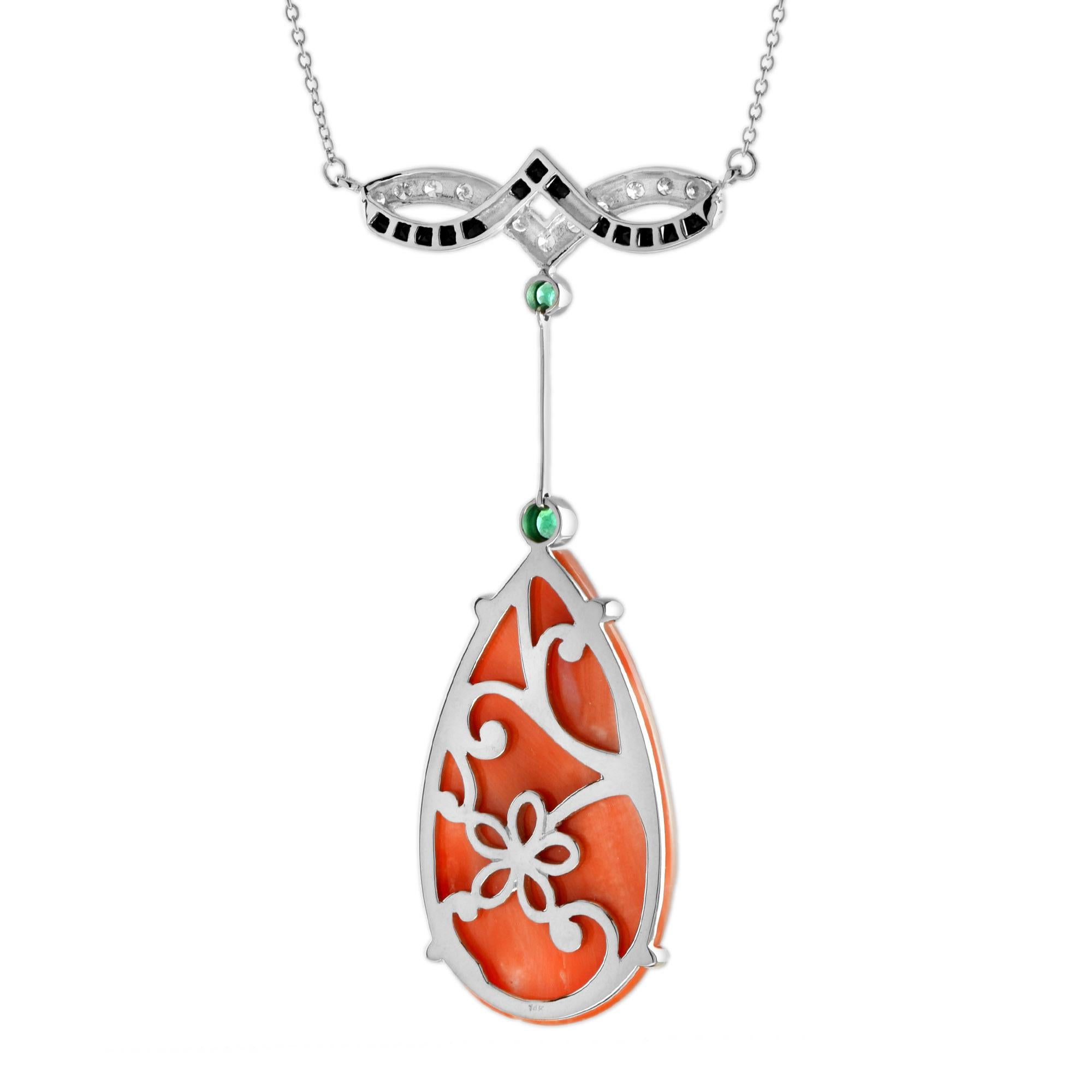 Collar de Coral Tallado Diamante y Esmeralda Estilo Art Decó en Oro Blanco de 14 K en Nuevo Estado en Bangkok, TH