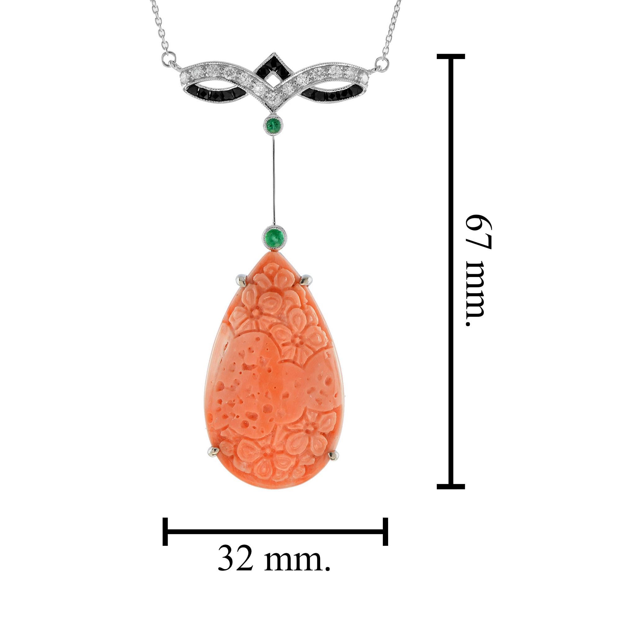 Collar de Coral Tallado Diamante y Esmeralda Estilo Art Decó en Oro Blanco de 14 K 1