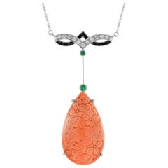 Carved Coral Diamond and Emerald Art Deco Style Necklace in 14K White Gold