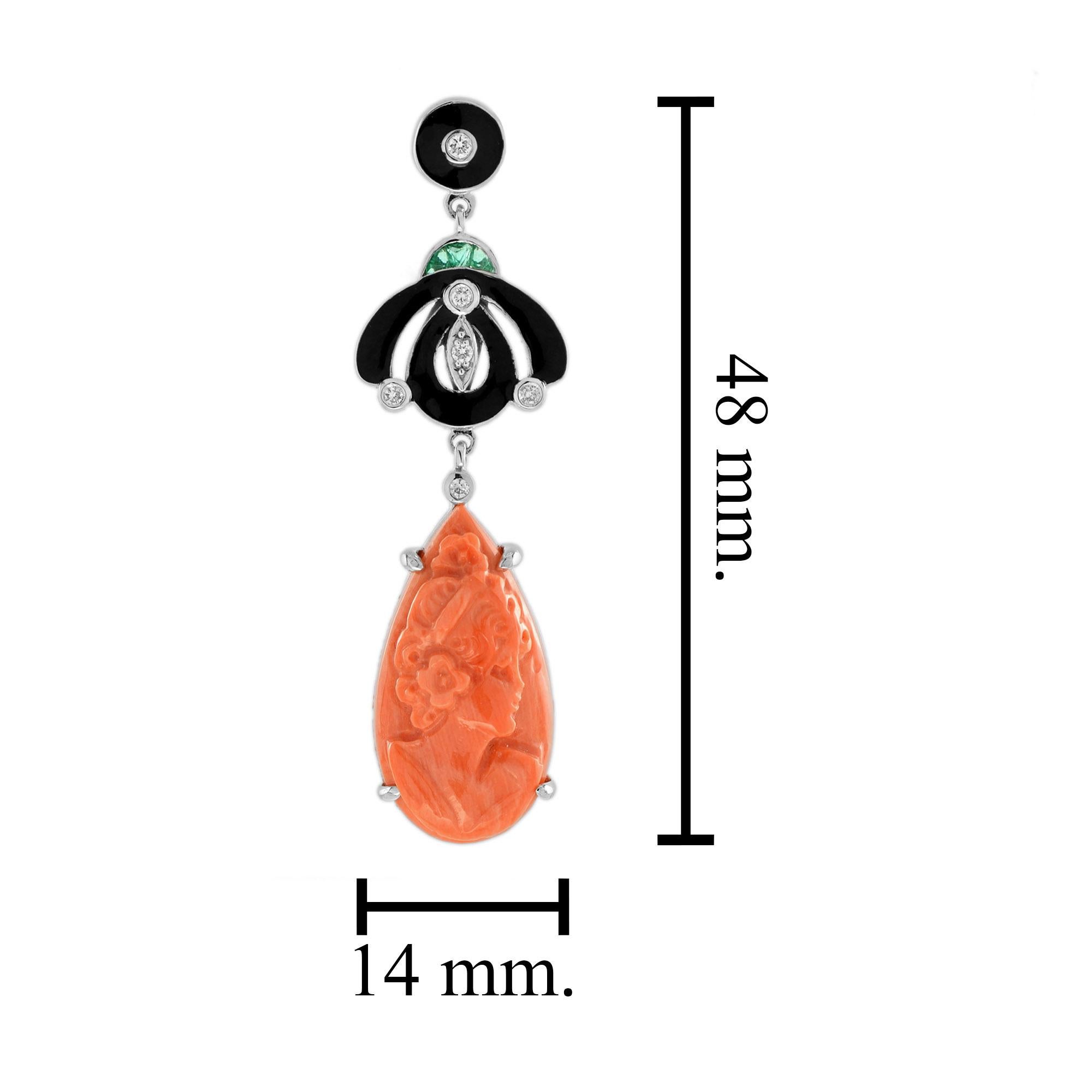 Boucles d'oreilles pendantes en corail sculpté, diamant, émeraude et émail noir d'inspiration Art Déco Pour femmes en vente
