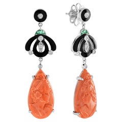 Carved Coral Diamond Emerald & Black Enamel Dangle Art Deco Inspired Earrings