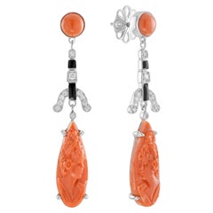 Carved Coral Diamond Emerald & Black Enamel Dangle Art Deco Inspired Earrings