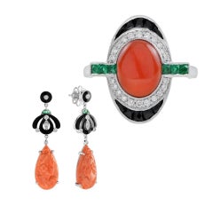 Carved Coral Diamond Emerald Ring and Earrings Set in 14K White Gold