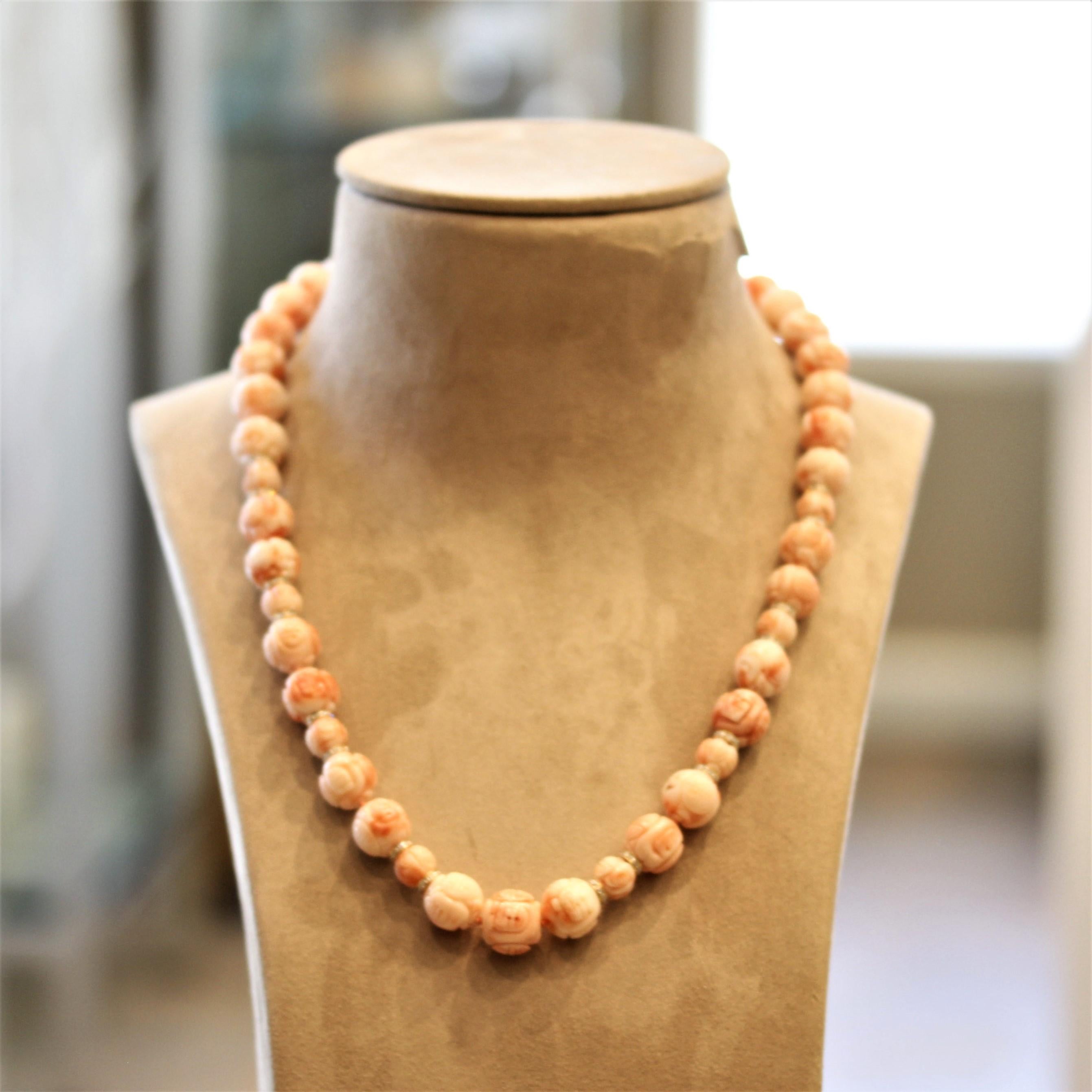 Women's Carved Coral Diamond Gold Bead Necklace