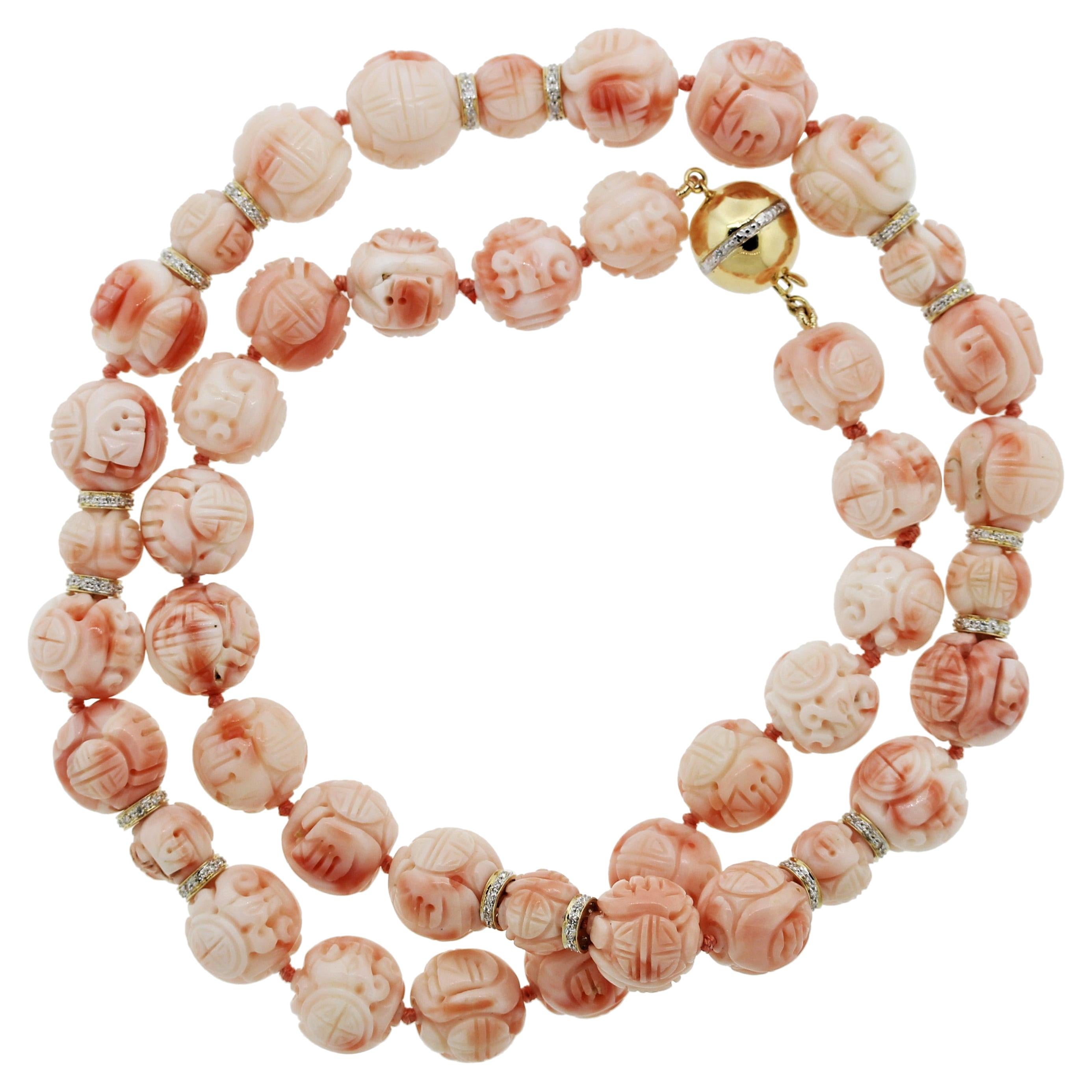 Carved Coral Diamond Gold Bead Necklace