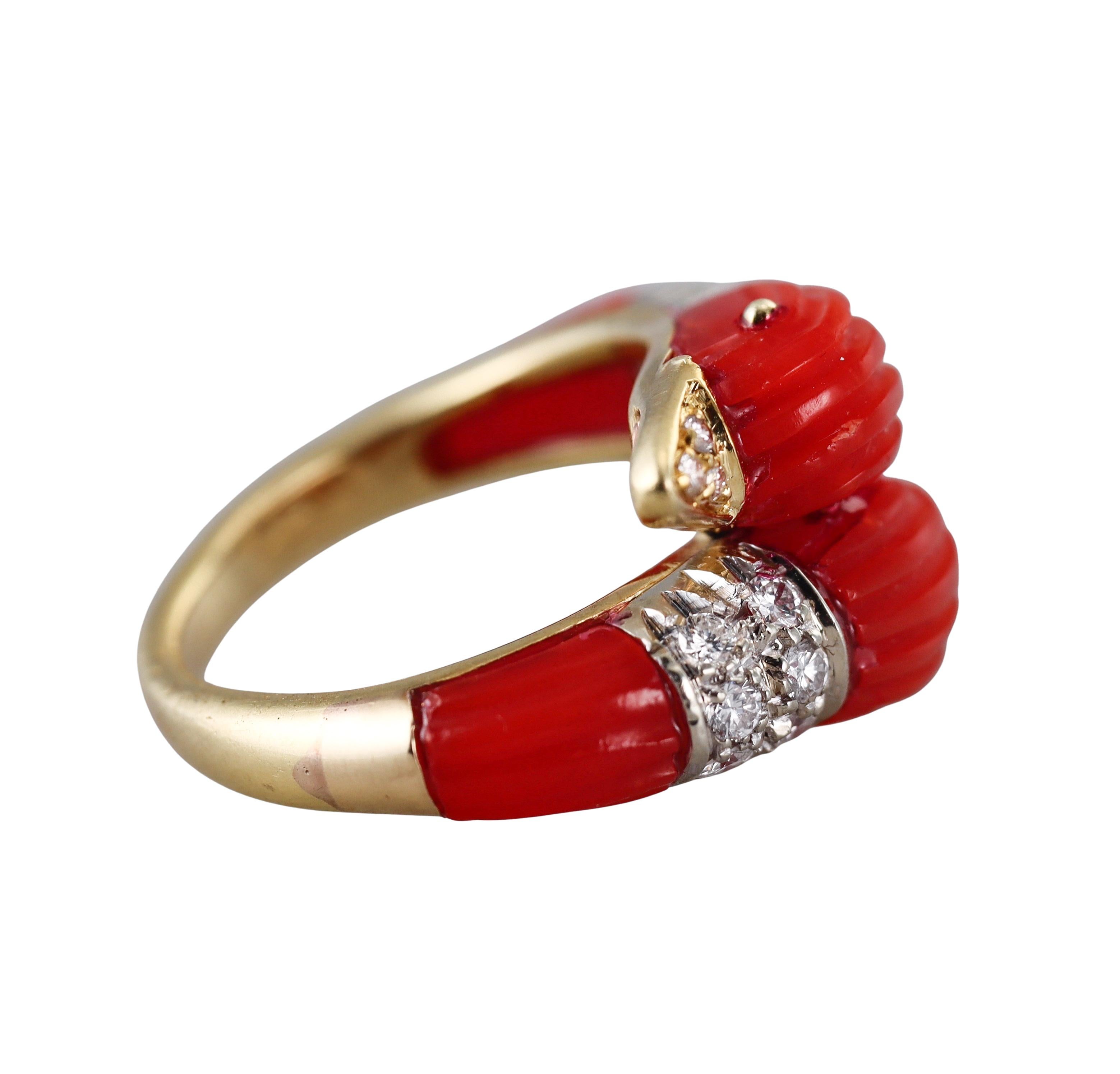 Round Cut Carved Coral Diamond Gold Bypass Dolphin Ring For Sale