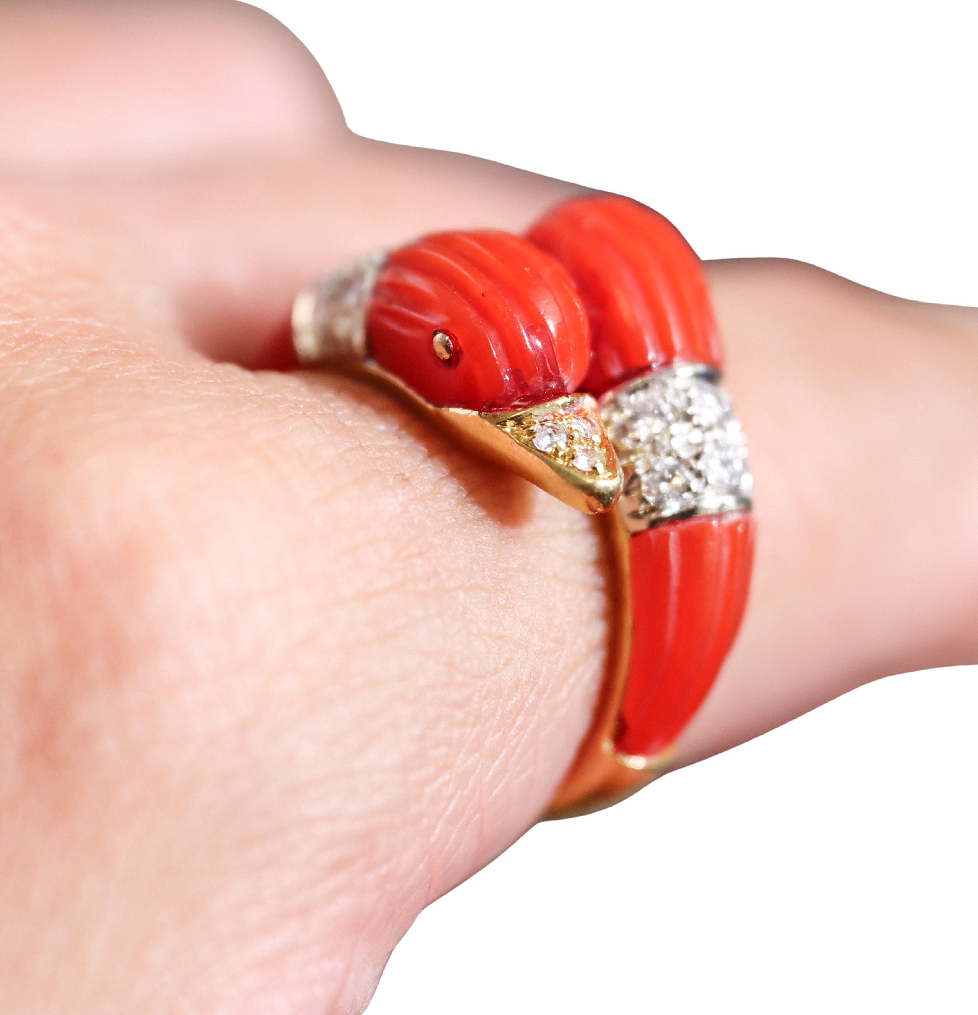 Women's Carved Coral Diamond Gold Bypass Dolphin Ring For Sale