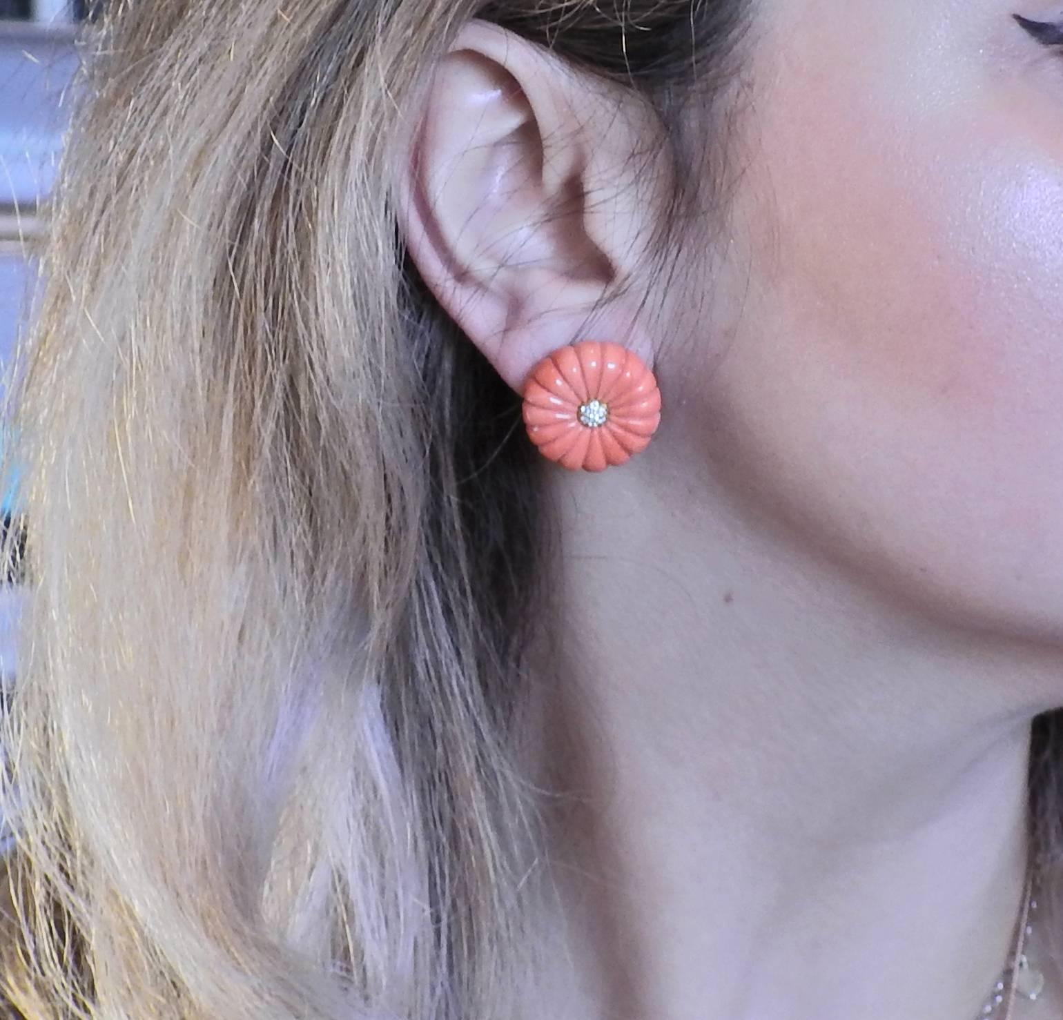 Women's or Men's Carved Coral Diamond Gold Earrings