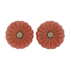 Carved Coral Diamond Gold Earrings