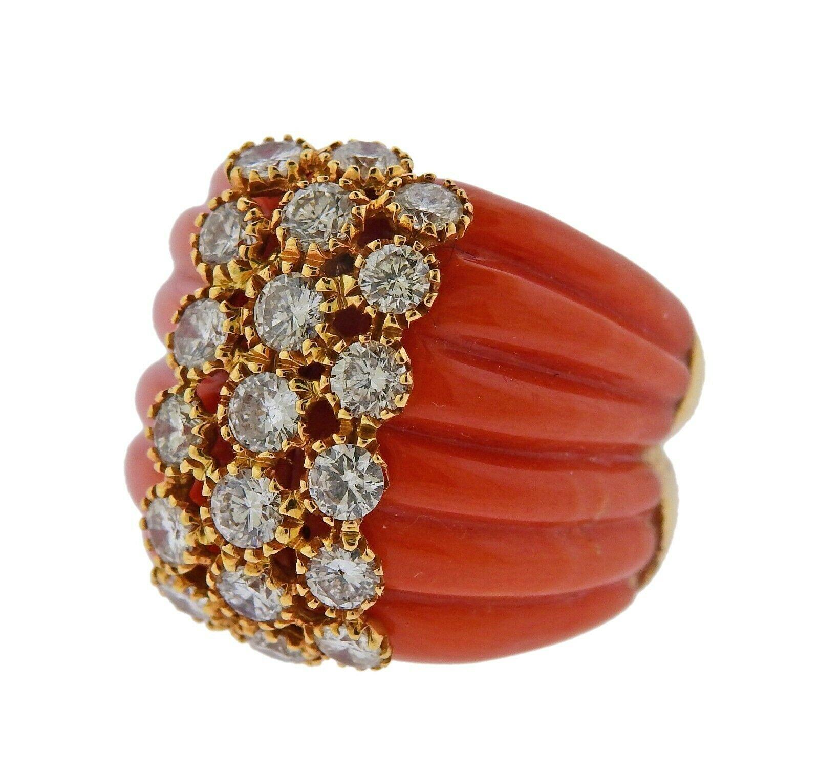 18k yellow gold cocktail ring, set with carved coral, and approx. 2.00ctw in VS-SI/GH diamonds. Ring size - 6.75, ring top is 22mm wide. Weight is 20.1 grams. Tested 18k. 