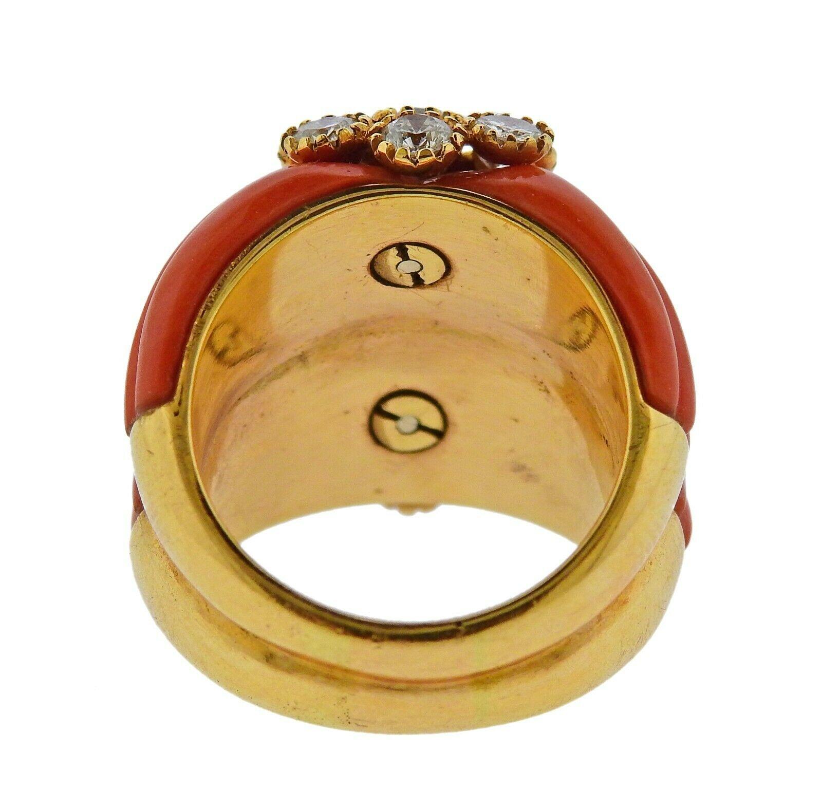 Round Cut Carved Coral Diamond Gold Ring
