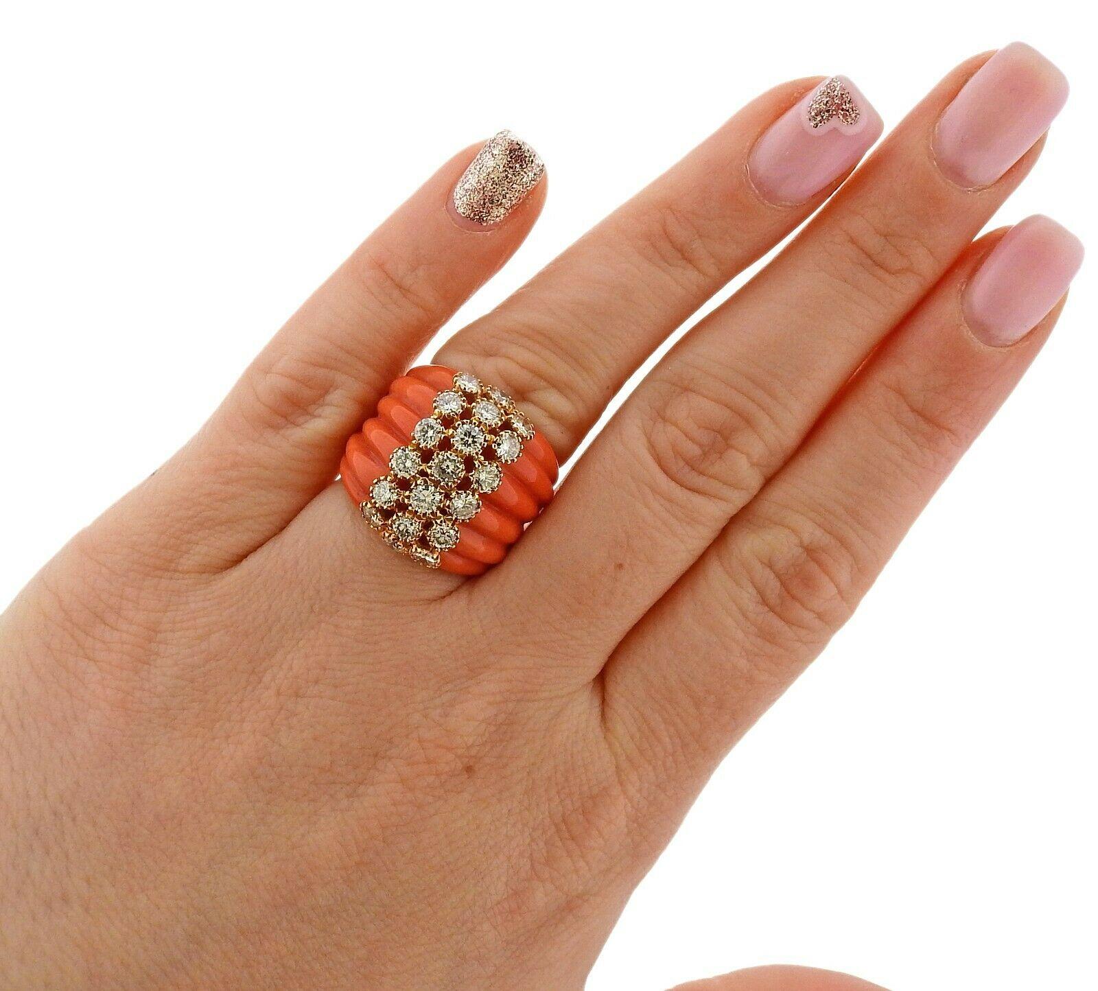 Carved Coral Diamond Gold Ring In Excellent Condition In Lambertville, NJ