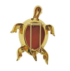 Carved Coral Diamond Ruby Gold Turtle Brooch