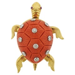 Carved Coral Diamond Ruby Gold Turtle Brooch