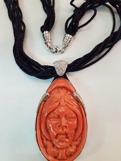 Carved Coral Diamond White Gold Pendant Necklace