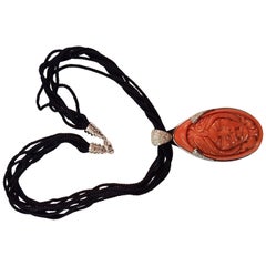 Carved Coral Diamond White Gold Pendant Necklace