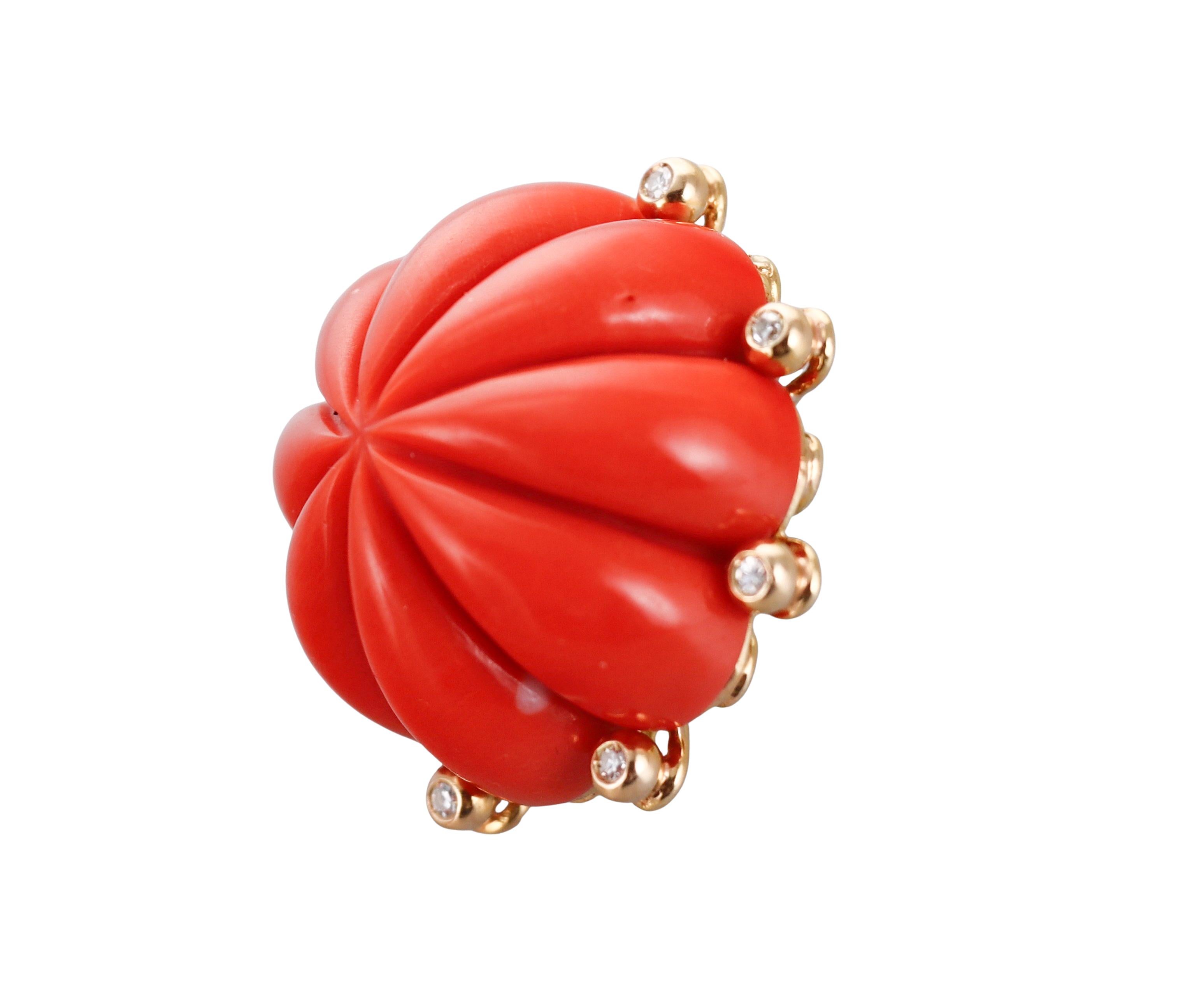 A pair of large 18k yellow gold earrings, with carved corals and approx. 0.32ctw in H/VS diamonds around. 
Earrings measure 1