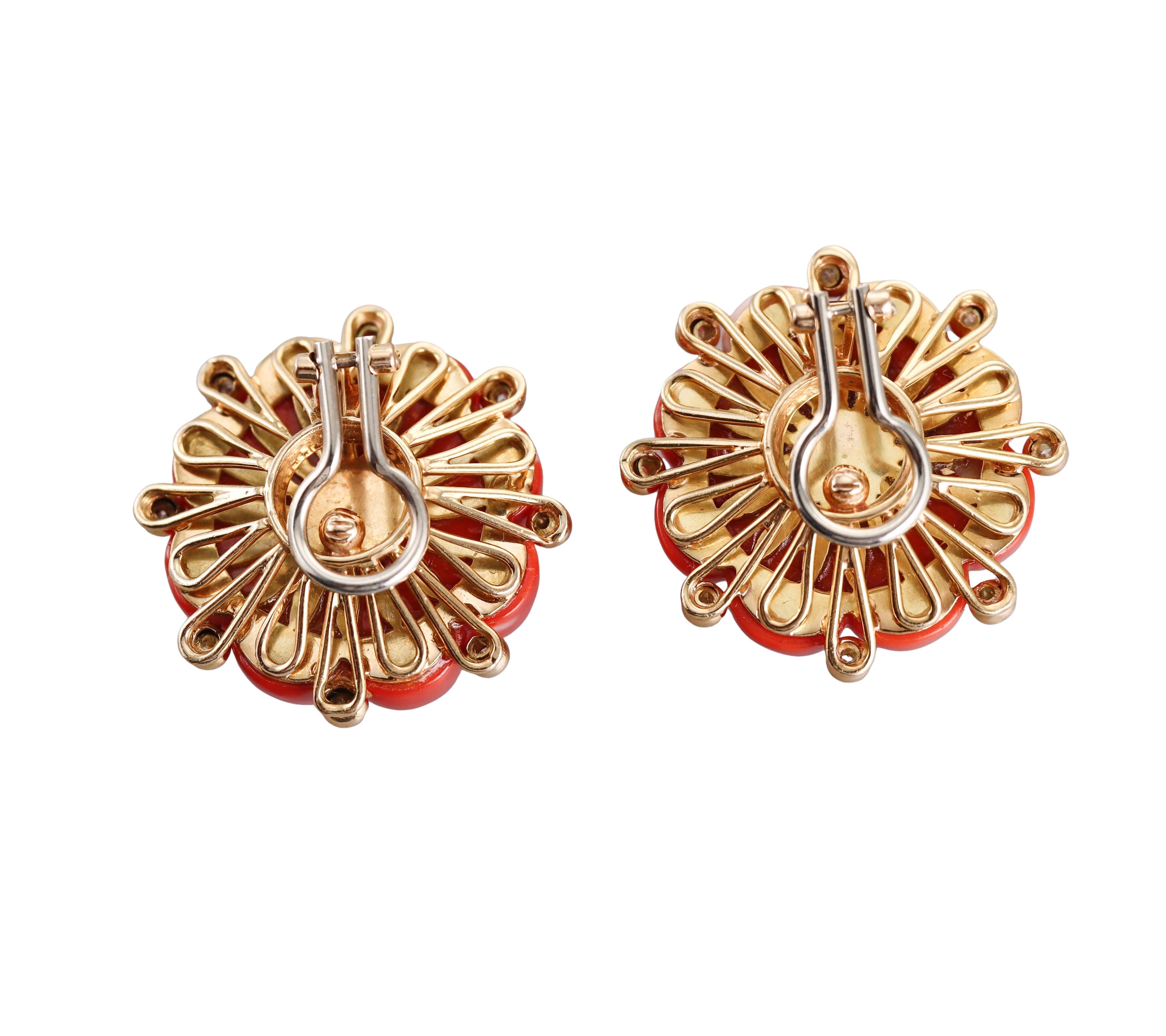 Round Cut Carved Coral Diamond Yellow Gold Cocktail Earrings For Sale