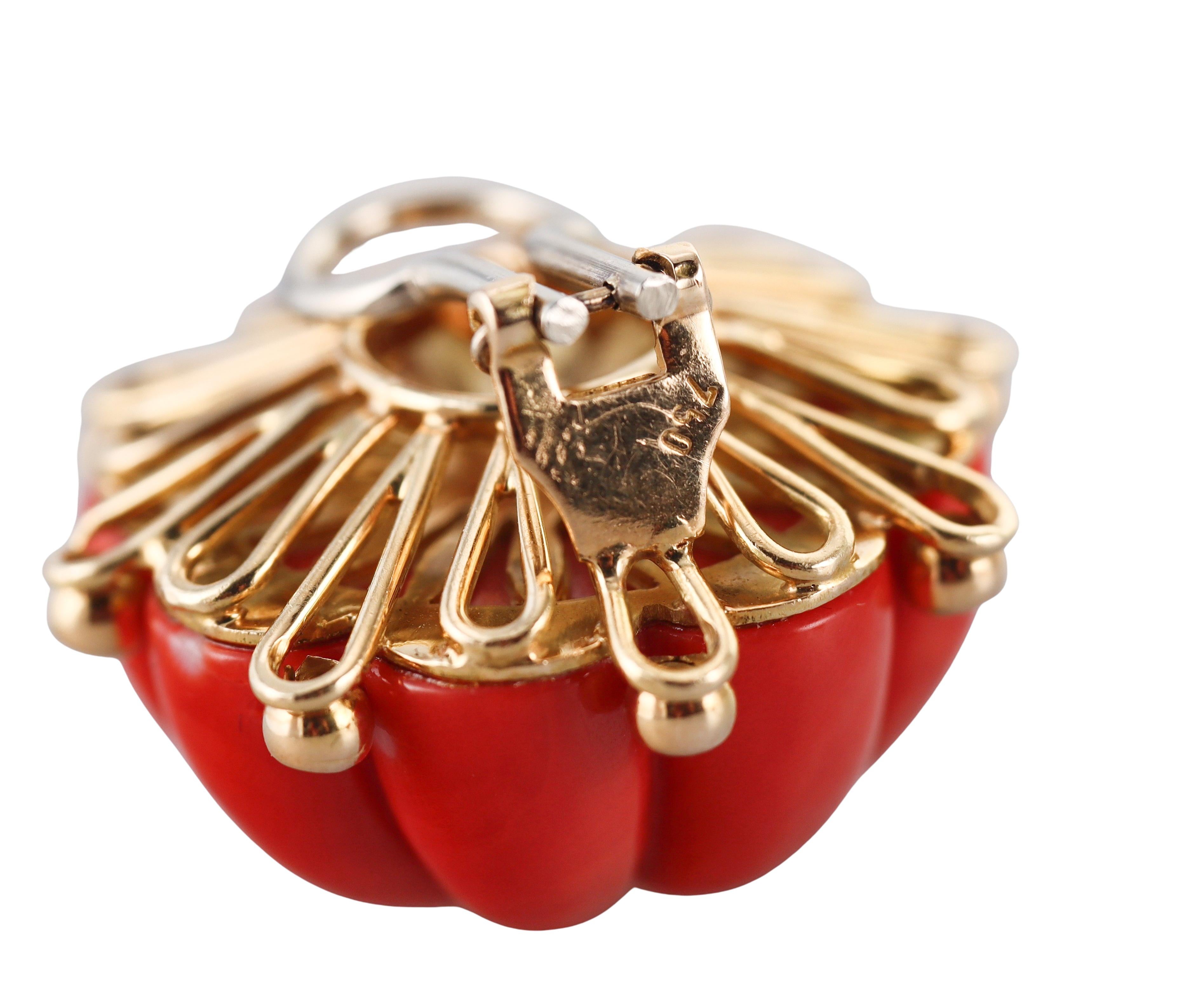 Carved Coral Diamond Yellow Gold Cocktail Earrings In Excellent Condition For Sale In New York, NY