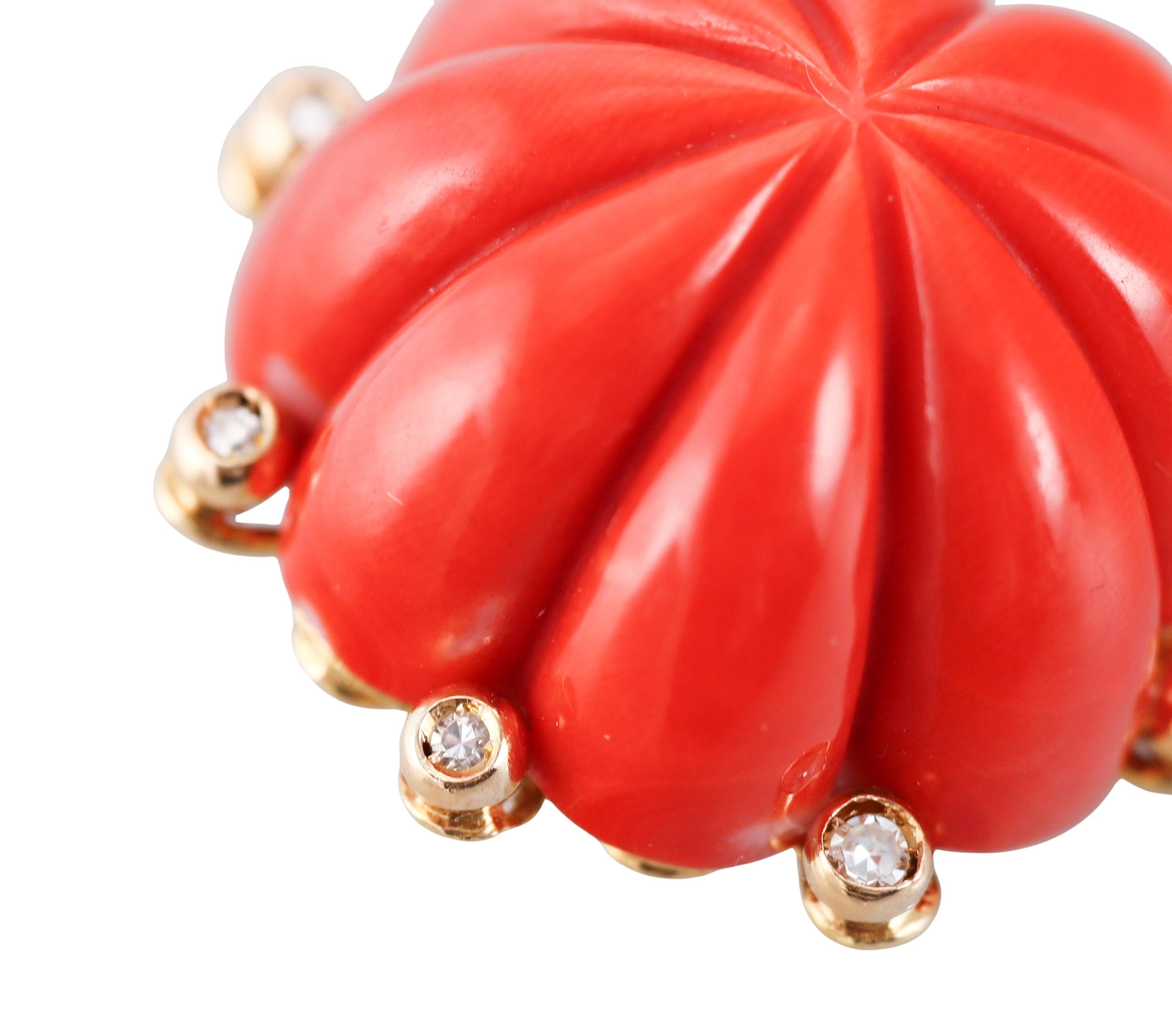 Women's Carved Coral Diamond Yellow Gold Cocktail Earrings For Sale