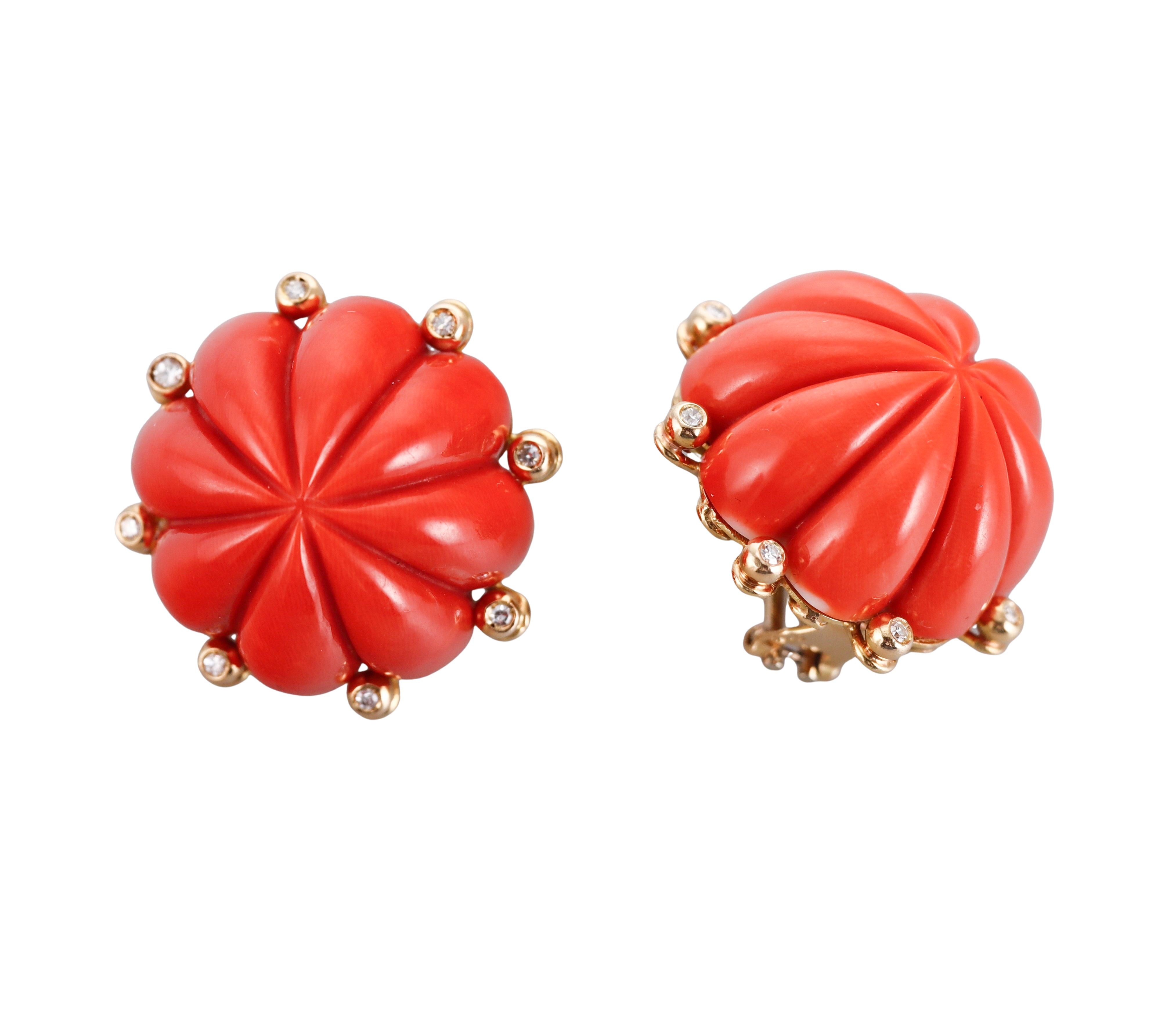 Carved Coral Diamond Yellow Gold Cocktail Earrings For Sale 1