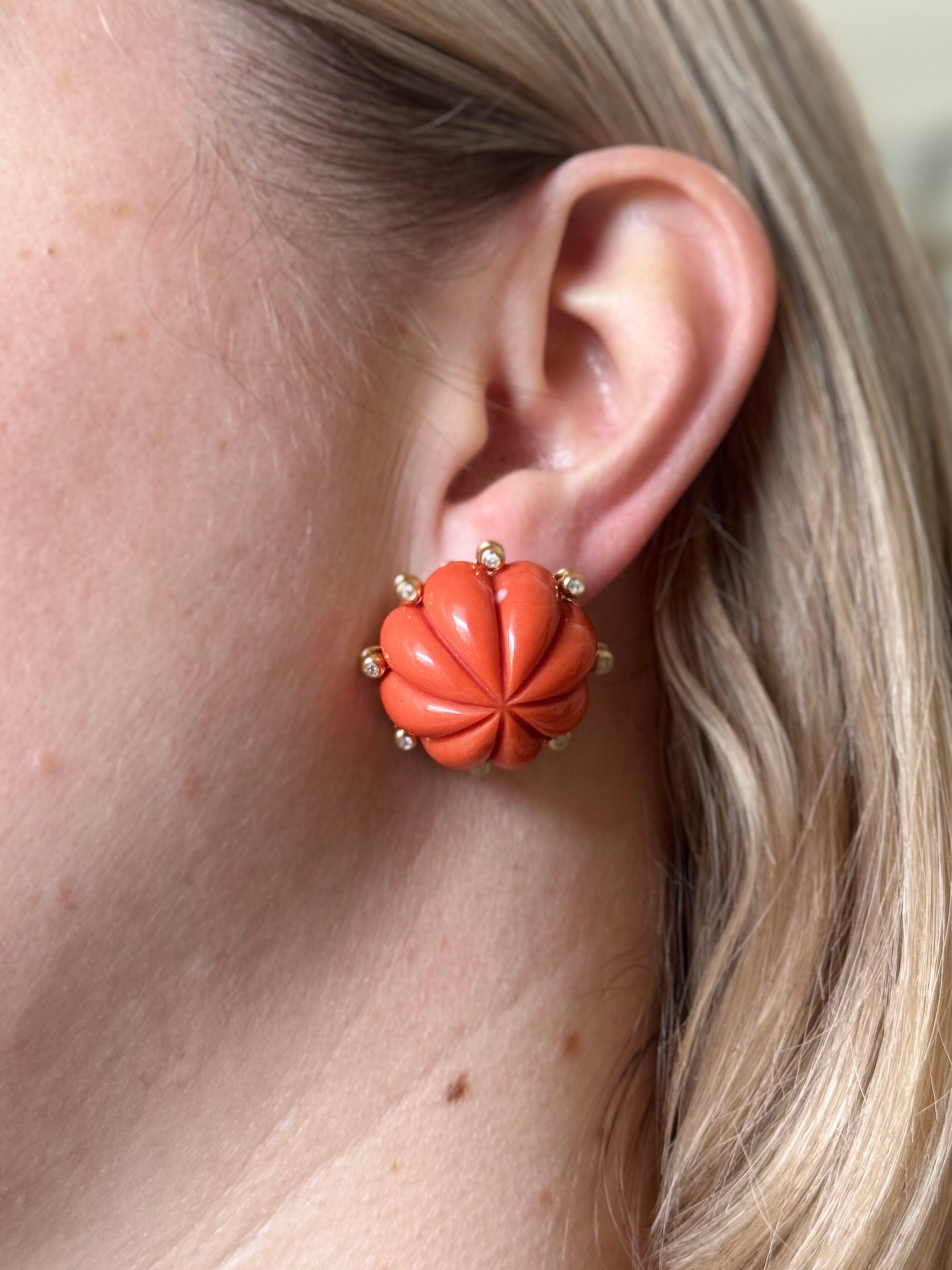 Carved Coral Diamond Yellow Gold Cocktail Earrings For Sale 2