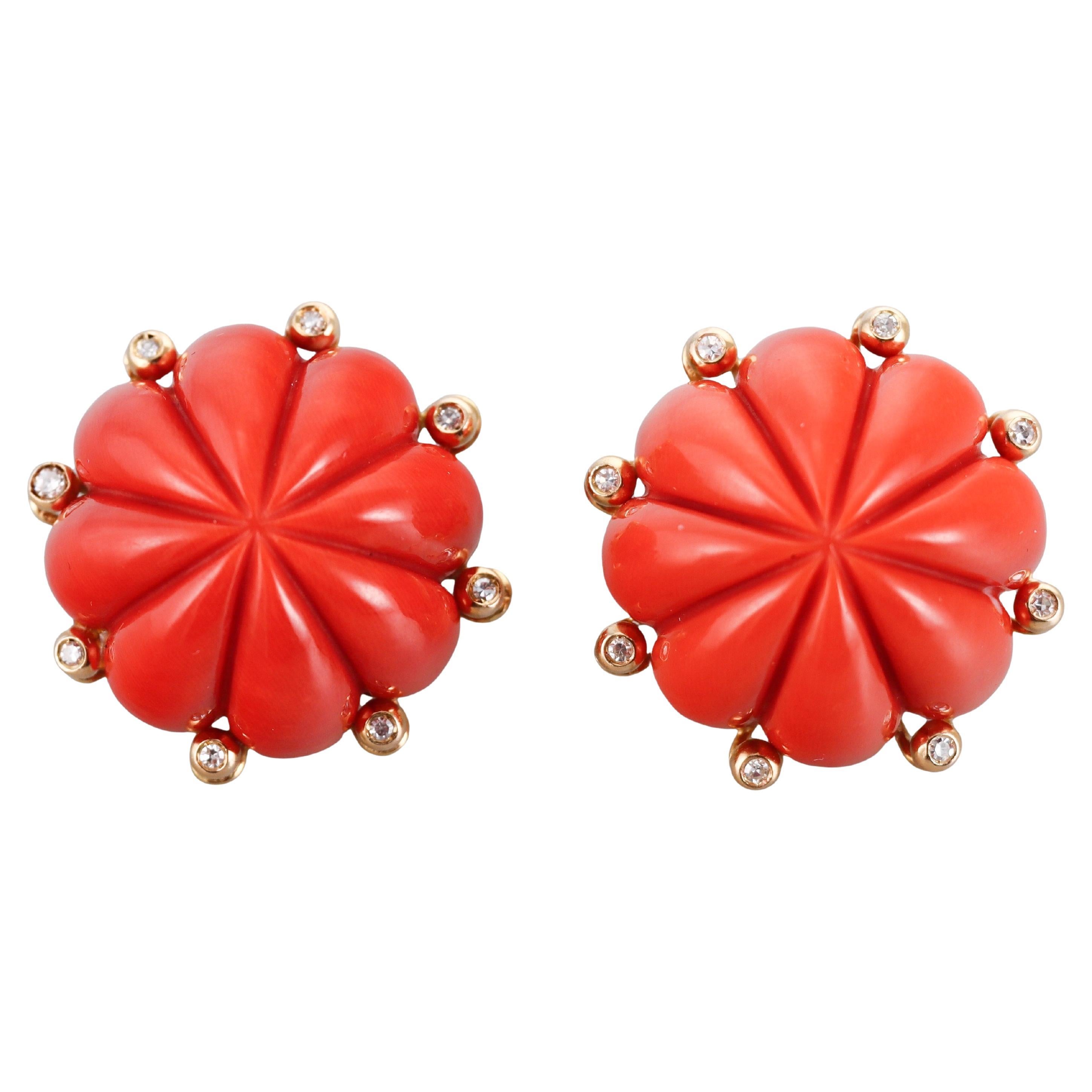 Carved Coral Diamond Yellow Gold Cocktail Earrings For Sale