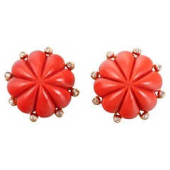 Carved Coral Diamond Yellow Gold Cocktail Earrings