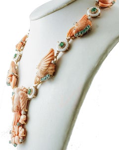 Engraved Pink Coral, Diamonds, Emeralds, White Agate Rings, Rose Gold Necklace