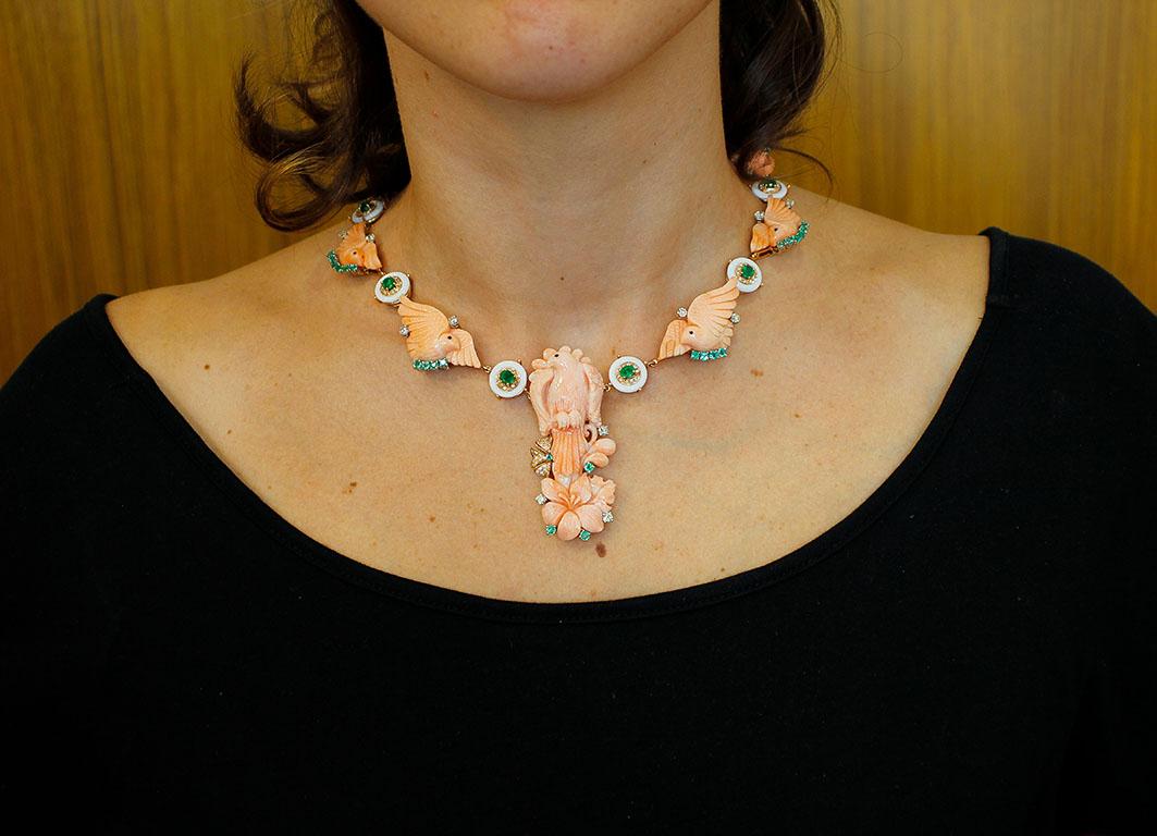 Brilliant Cut Engraved Pink Coral, Diamonds, Emeralds, White Agate Rings, Rose Gold Necklace