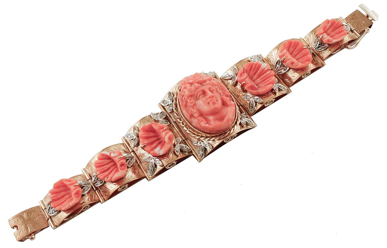 Rose Cut Carved Coral, Diamonds, Rose Gold and Silver Retro Bracelet