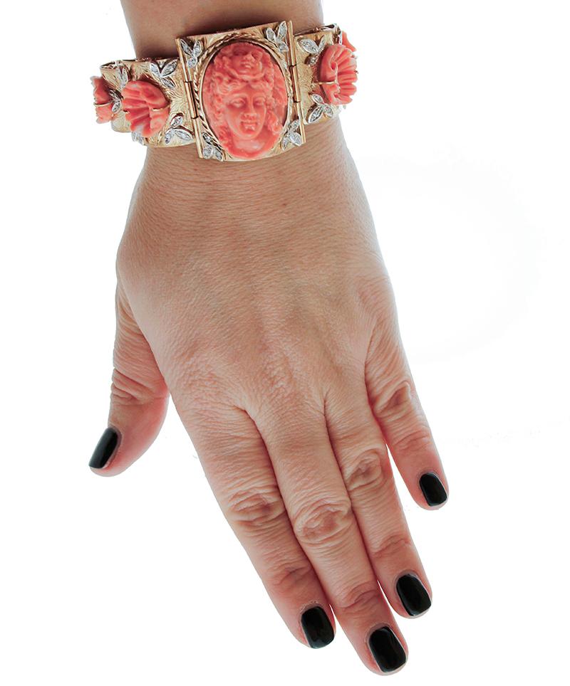 Women's Carved Coral, Diamonds, Rose Gold and Silver Retro Bracelet
