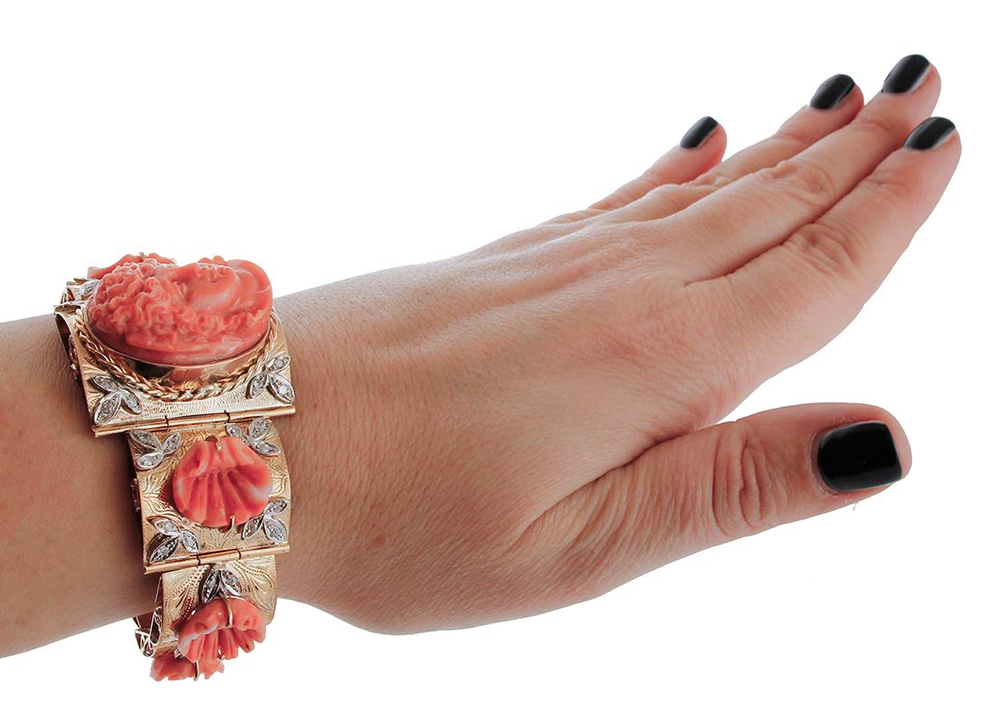 Carved Coral, Diamonds, Rose Gold and Silver Retro Bracelet 1