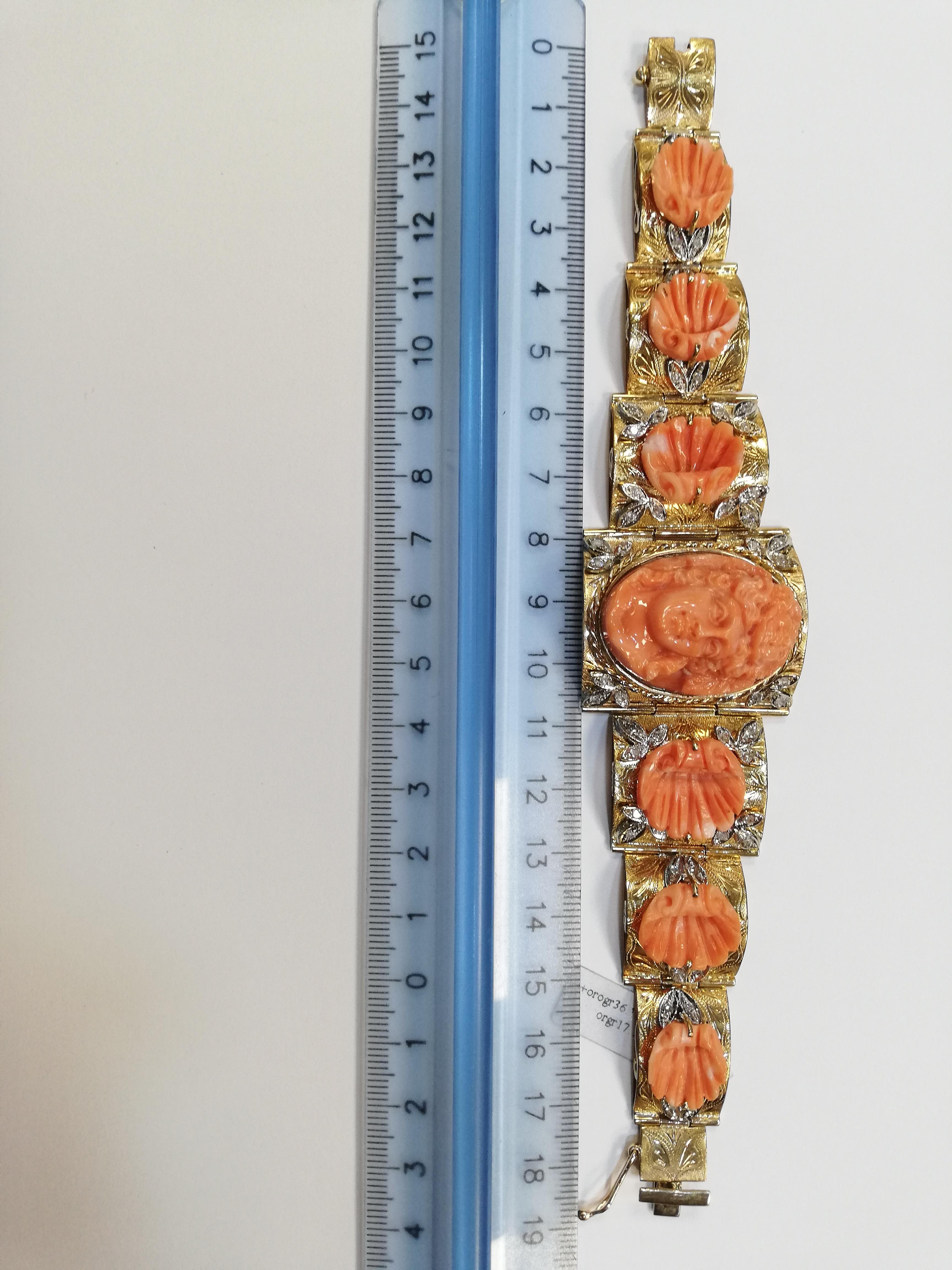 Carved Coral, Diamonds, Rose Gold and Silver Retro Bracelet 3