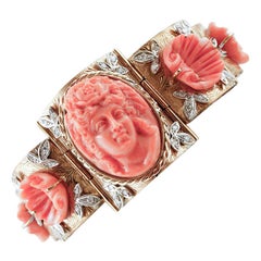 Carved Coral, Diamonds, Rose Gold and Silver Retro Bracelet