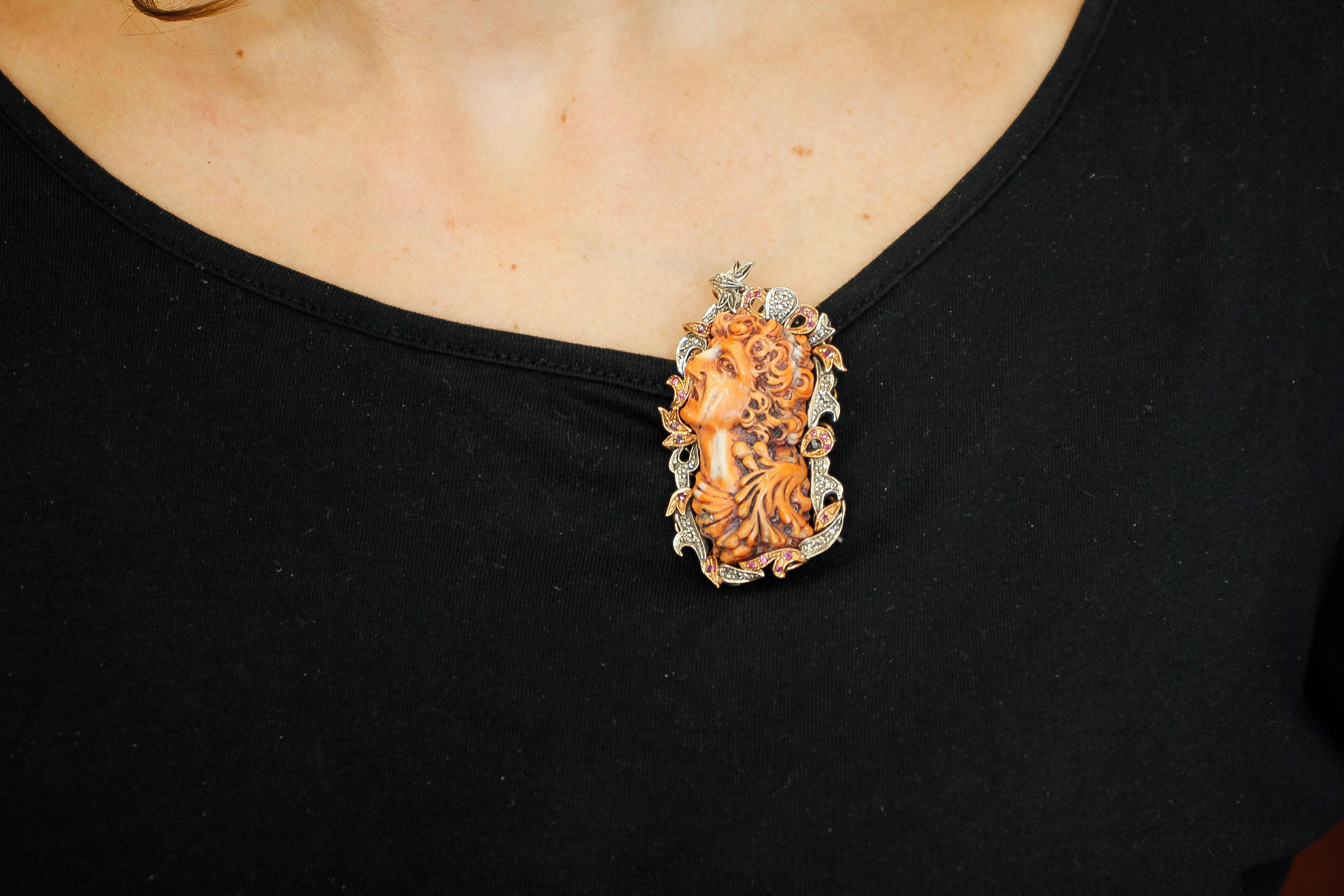 Women's Engraved Face  Coral, Diamonds, Rubies, Gold/Silver, Retrò Pendant/Brooch For Sale