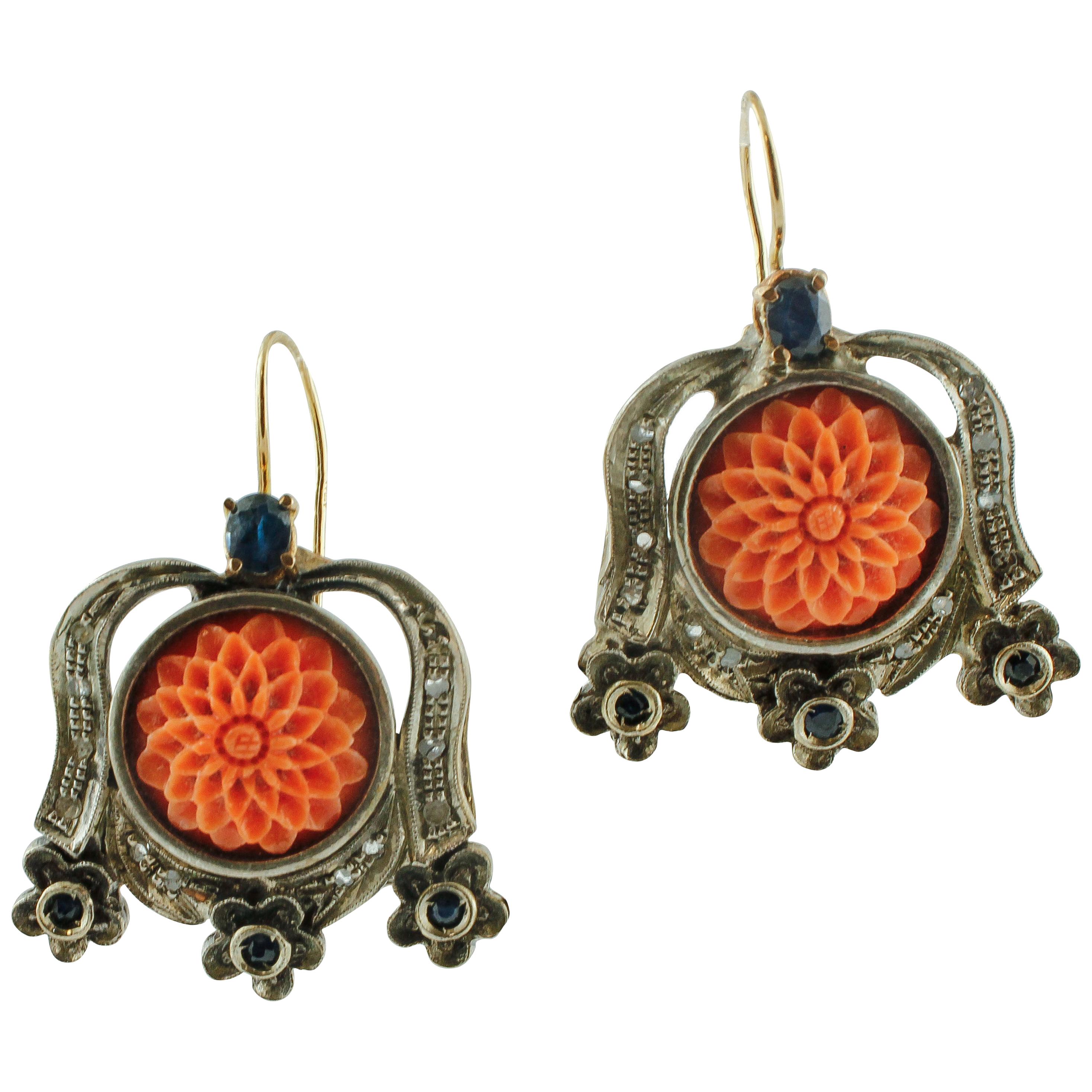 Carved Red Coral, Diamonds, Sapphires, 9 Karat Rose Gold Silver Retrò Earrings For Sale
