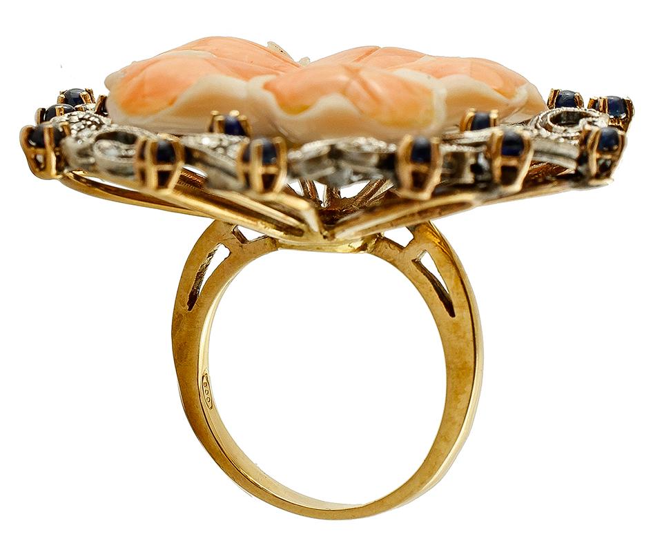 Mixed Cut Carved Coral, Diamonds, Sapphires, Rose Gold and Silver Retro Ring