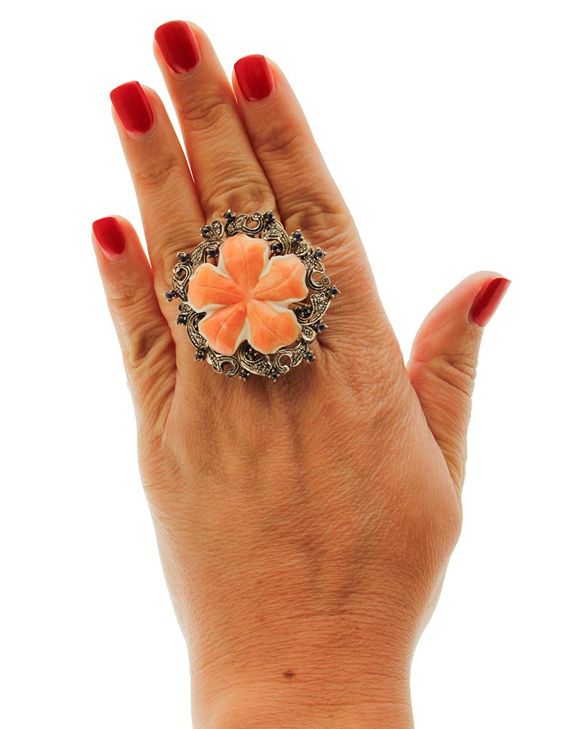 Women's Carved Coral, Diamonds, Sapphires, Rose Gold and Silver Retro Ring