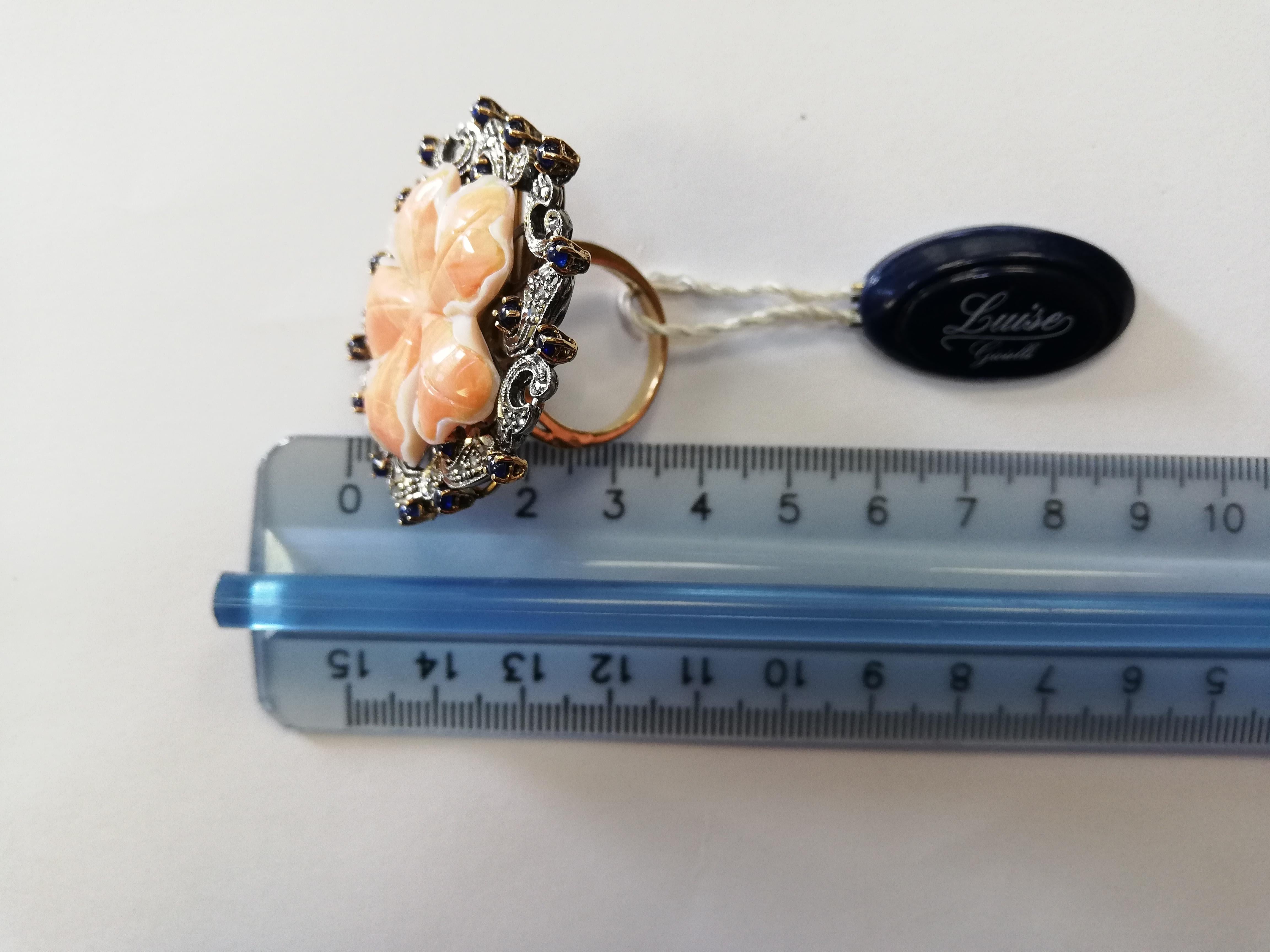 Carved Coral, Diamonds, Sapphires, Rose Gold and Silver Retro Ring 2