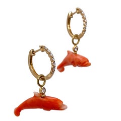 Carved Coral Dolphins with Diamonds on Diamond & Gold Hoops