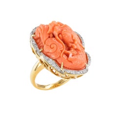 Carved Coral Dragon Diamond Yellow Gold Cocktail Ring