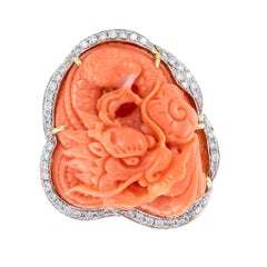 Carved Coral Dragon Diamond Yellow Gold Cocktail Ring