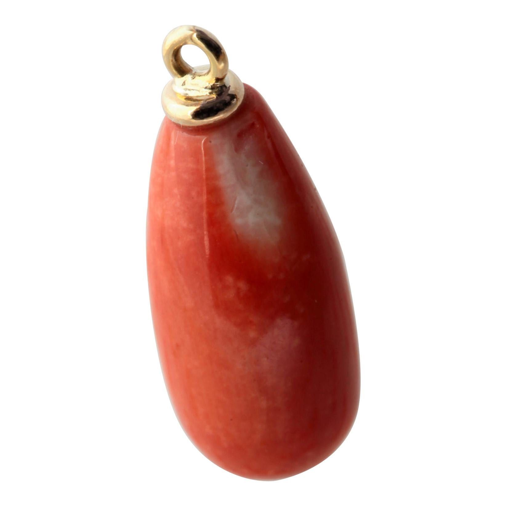 Carved Coral Drop 18 Karat Gold Handmade Italy Pendant Exotic Chic Necklace For Sale