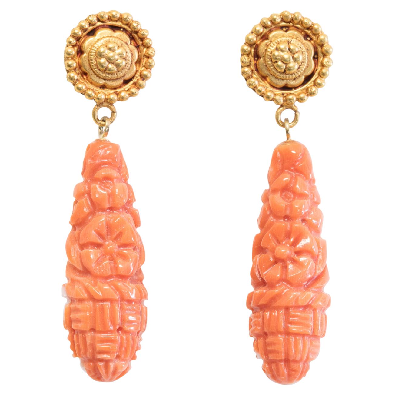 Carved Coral Drop Earrings with 22K Gold